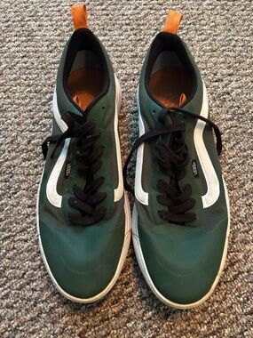 Vans Green Low-Top Sneakers with White Stripe and Orange Heel Tabs 11.5